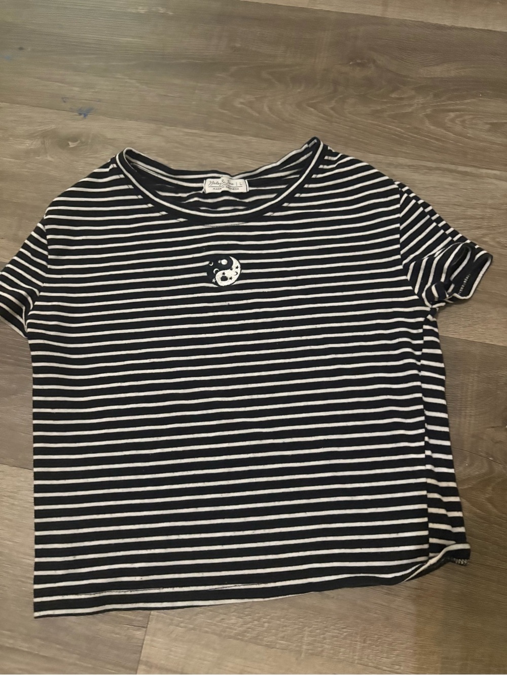 Striped Black & White Crop Tee with Moon Patch - Women
